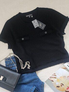 Adrianna Papell Black Boxy Tweed Knit Crop Top NWT Small (Oversized Fit)